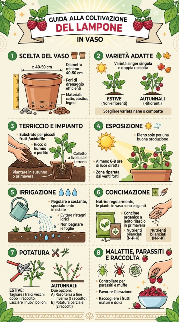 Infografica sulla coltivazione dei lamponi in vaso - InOrto