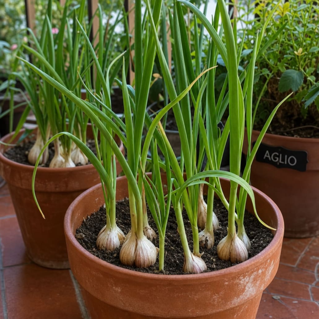 Vaso con piante di aglio- InOrto